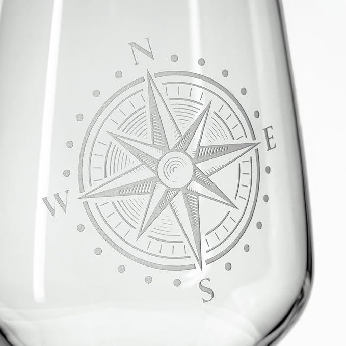 Rolf Glass Compass Star All Purpose Wine Glass | 19.5oz Stemmed Wine Glass | Lead-Free Crystal Glassware | Nautical-Themed with Intricate Compass Star Design | Set of 2