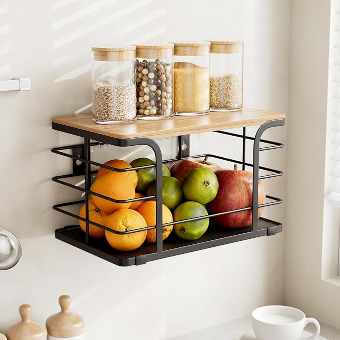 Potato and Onion Storage Bin,Kitchen Organizers Pantry Bin with Bamboo Top for Onion,Potato,Fruits,Vegetable,Produce Storage, Black