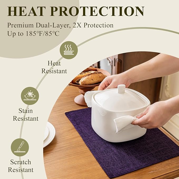 KXN Placemats Set of 4, Dual-Layer Thickened Faux Linen Table Mats, Heat Resistant & Wrinkle-Free, Machine Washable Cloth Place Mats for Kitchen Dining Indoor Outdoor (Purple)