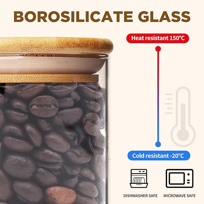 32oz Glass Food Storage Jars, Glass Jars with Bamboo Lids, Kitchen Storage Jars, Canisters with Airtight Lids for Spice, Coffee, Cookie, Set of 4, Pantry Organizers