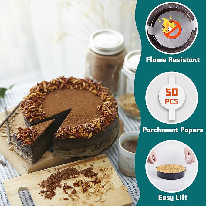 6 Inch Cake Pan Set for Baking - 2 Round Cake Pans with 50 Pieces Parchment Paper, Nonstick Deeper Circle Cake Baking Pans Sets for Baking-Black