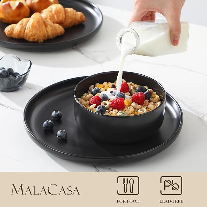 MALACASA Plates and Bowls Sets, 12 Pieces Porcelain Dinnerware Set for 4 Kitchen Dinner Ware Set Ceramic Dishware Dishes Microwave and Dishwasher Safe, Black, Series LUNA