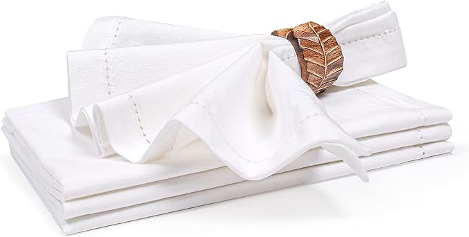 Ramanta Home White Cloth Dinner Napkin Set of 4-20x20 Inch, Premium Cotton Linen Flax Hemstitched Napkins, Soft Durable Washable for Everyday Use Thanksgiving Christmas Parties Halloween