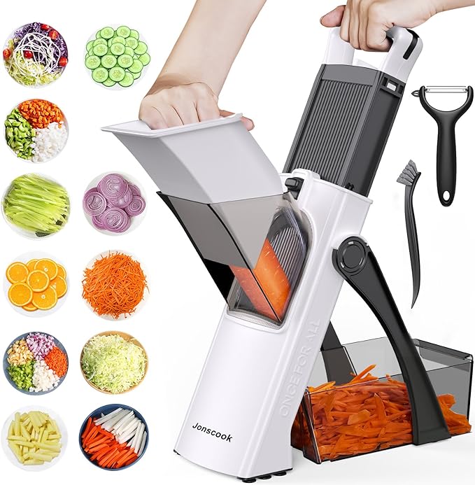 All-in-1 Update Safe Mandoline Slicer for Kitchen, Food Chopper with Container, Thickness Adjustable Vegetable Chopper, Potato French Fry Cutter Tomato Apple Slicer Onion (BlackWhite)