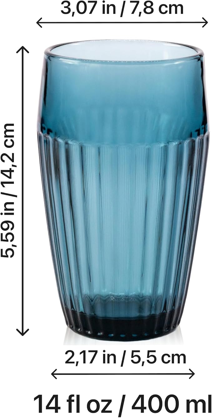 Blue Drinking Glasses Set Of 4-14 oz Vintage Aesthetic Colored Water Tumblers, Thick Glass Heavy Duty Ribbed Glassware, Retro Drinkware Home Bar Cocktail Cups, Kitchen Drink Cup Gift Sets