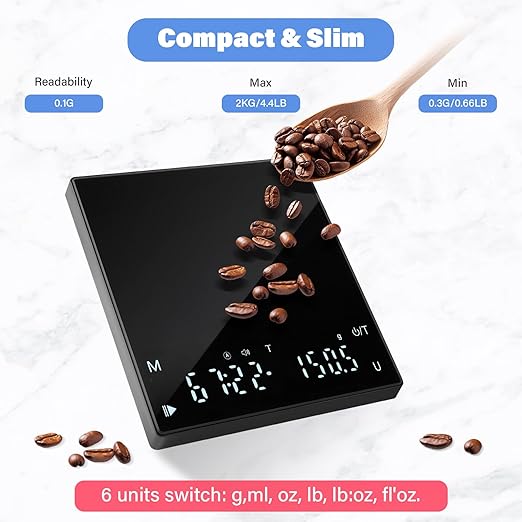 Mini Coffee Scale with Timer, 2kg Capacity, 0.1g Precision, Timemore Scale Rechargeable, Digital Espresso Scale with Tare Function, Black