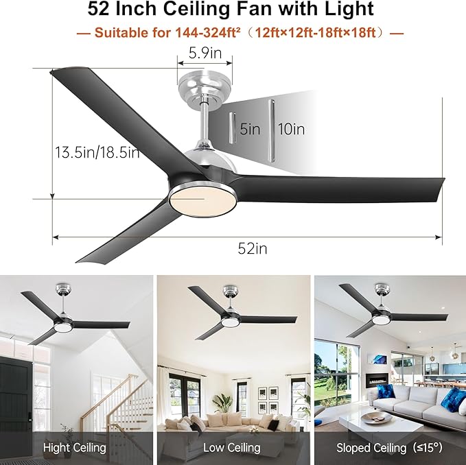 52 Inch Black Ceiling Fan with Lights Remote Control,Quiet DC Motor/Dimmable 3 Colors LED/6 Speed High CFM/3 Blade Indoor Ceiling Fan for Bedroom Living Dining Room or Outdoor Porch