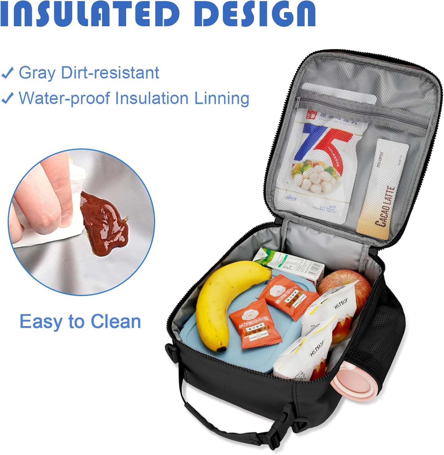 Initial Insulated Lunch Bag for Boys Kids, Back to School Gift, Reusable Leak-proof Lunch Box with Adjustable Strap for School Daycare Travel Picnic（Black，I）