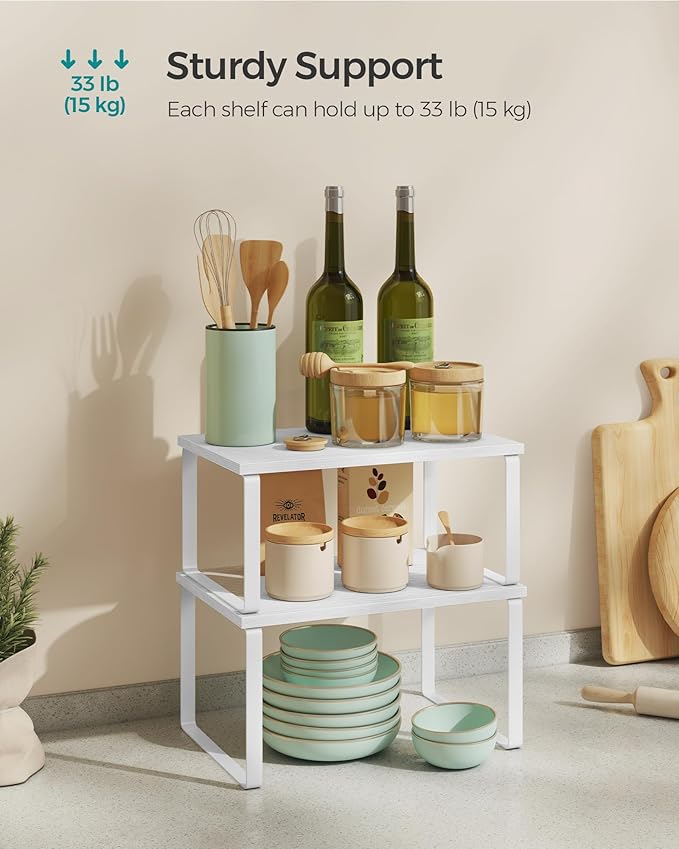 SONGMICS Cabinet Organizer Shelf, Set of 4 Kitchen Counter Shelves, Kitchen Storage, Spice Rack, Stackable, Expandable, Metal and Engineered Wood, Cloud White and Snow White UKCS027W01