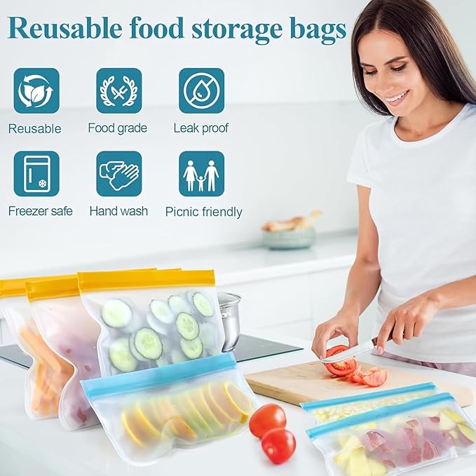 10 Pack reusable bags, Leakproof Reusable Freezer Bags, BPA Free silicone food storage bags for Lunch Marinate Food Travel - 3 Gallon 3 Snack 4 Sandwich Bags.