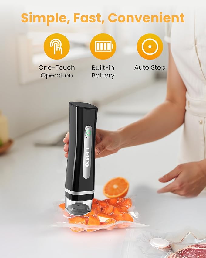 FEPPO Vacuum Sealer for Food with Visible Water Tank, Handheld Saver Compact Vacuum Sealer Machine with 30 Reusable Bags for 6X Preservation & Fresh, Black