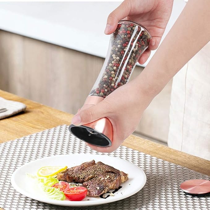 Copper Stainless Steel Salt and Pepper Grinder Set Manual Himalayan Pink Salt Mill|Salt and Pepper Shakers with Adjustable Coarseness and Clear Glass Body (Pack of 2)