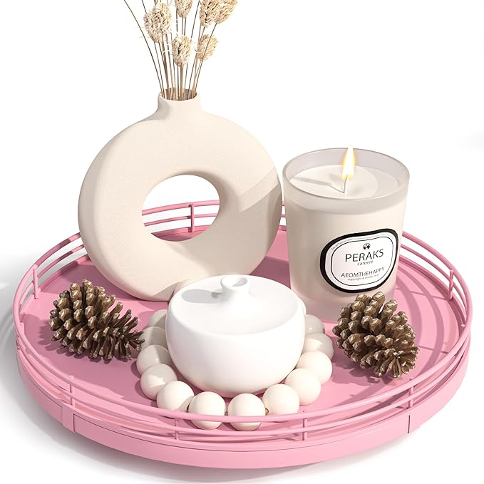 9" Oak Wood Decorative Tray for Home Decor, Tray for Coffee Table Decor Perfume Nightstand Vanity Bathroom Trays for Counter Candle Jewelry Makeup Farmhouse Table Centerpiece for Dining Room Pink