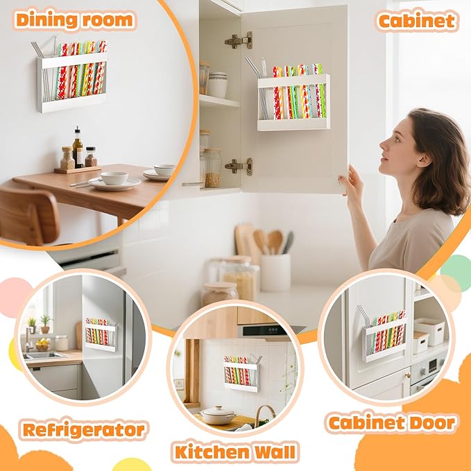 9.5" Acrylic Straw Holder with Double Sided Adhesive and Stickers,Reusable Straws Organizer Storage Dispenser for Counter Cabinet Cupboard Kitchen Door (White)