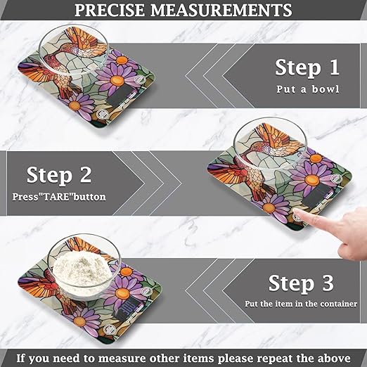 Brown Hummingbirds Purple Daisy Stained Glass Food Scale Kitchen Digital Scale Food Ounces and Grams Dieting Baking Cooking Waterproof Glass Panels LCD Display,4 Units Tare Function