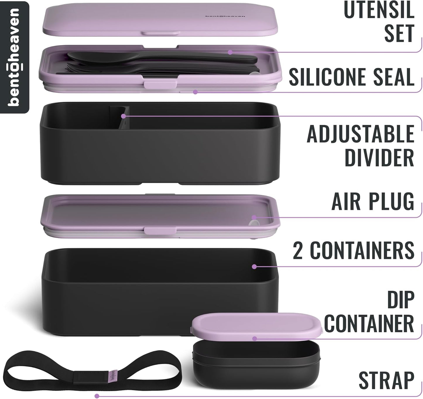 Bentoheaven Premium Bento Box Adult Lunch Box with Compartments for Women & Men, Set of Utensil & Chopsticks & Dip Container, Cute Japanese Kids Bento Lunch Box, Microwavable (Violet Me Go)