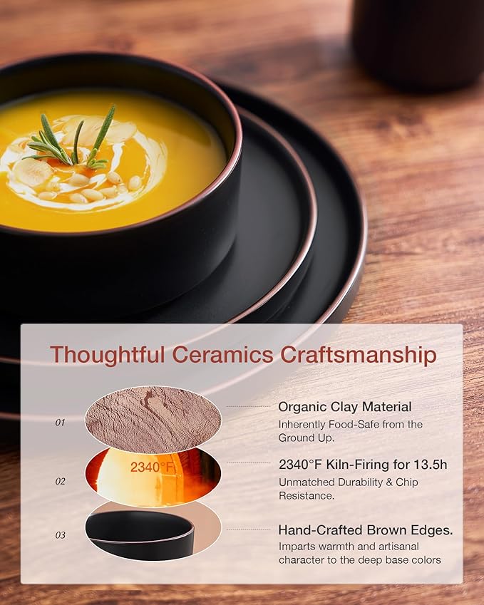 Famiware Nebula Ridge Stoneware Dinnerware Sets for 8, 24 Pieces Plates and Bowls Sets, Dishes Set, Microwave and Dishwasher Safe Kitchen Plates, Matte Black