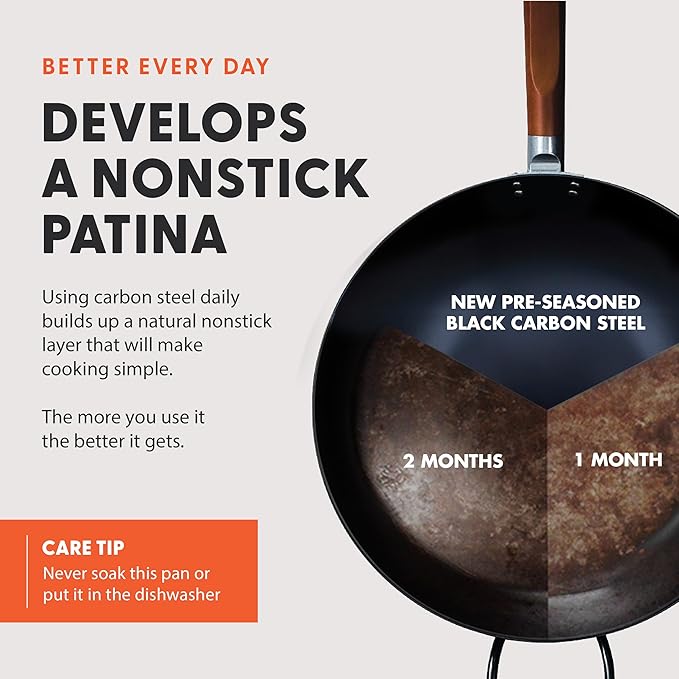 GreenPan Carbon Steel Wok 14”, Flat Bottom, Durable Stir-Fry Pan, Pre-Seasoned Ready to Use, High Heat Retention, Induction, Ash Wood Handle, Kyoto, Black