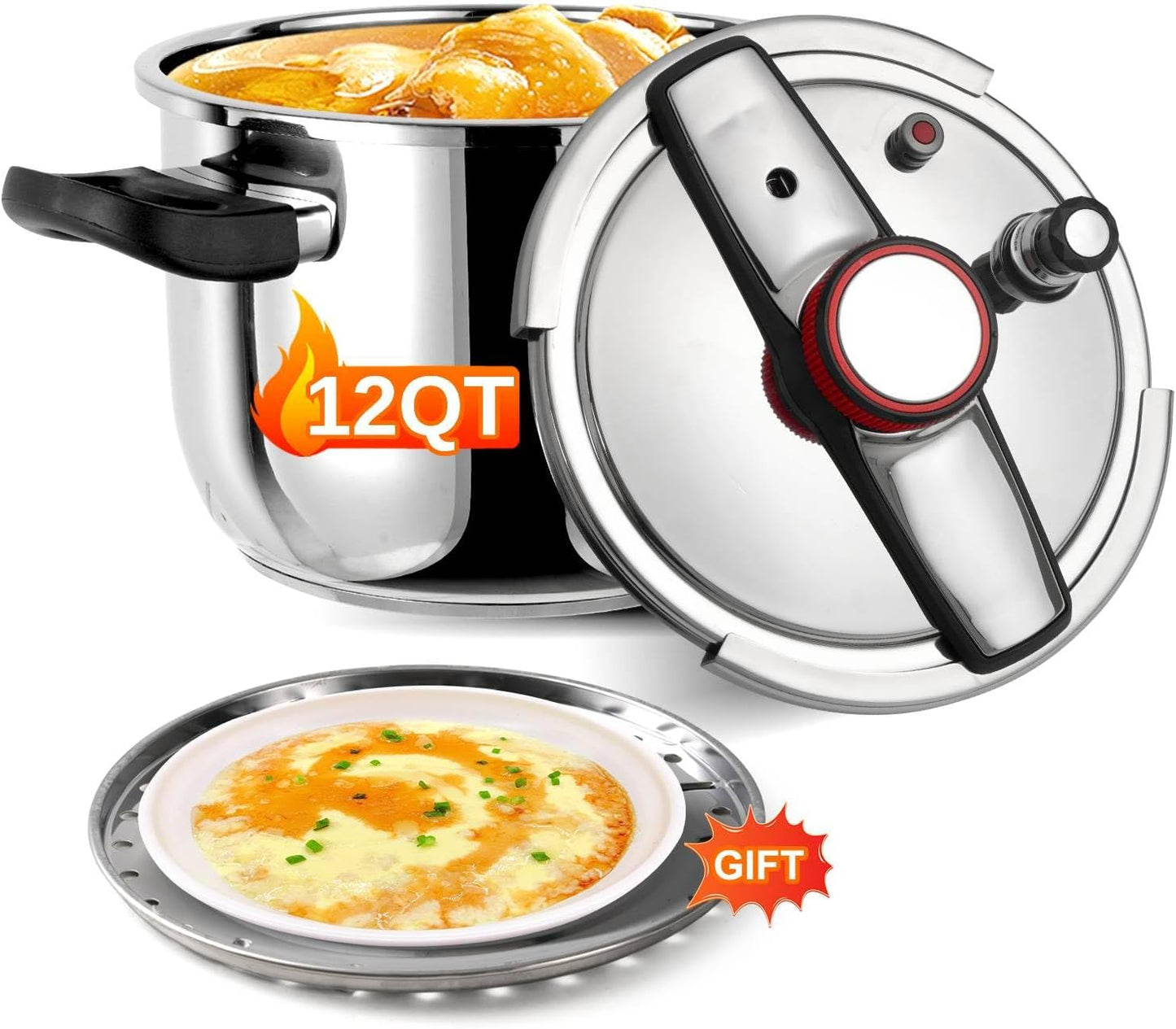 Pressure Cooker 12 QT, Stainess Steel Pressure Canner 12 Quart, Explosion-Proof Cookware, Rotating Lock/Unlock Lid, One-handed lid opening, Thickened Silicone Ring And Anti-scald Handle, Silver