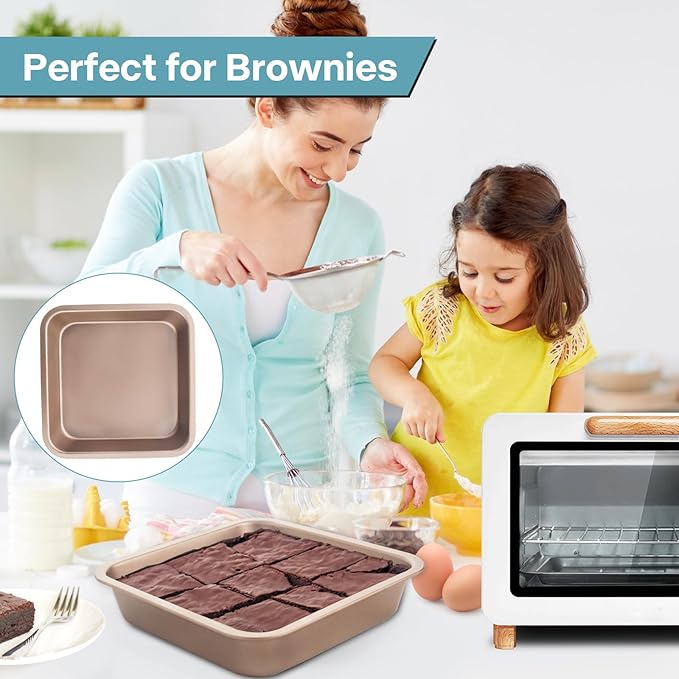 2-Pack 8 inch Square Baking Pan, Nonstick Square Brownie Pans, 8x8 Baking Pan, Square Cake Pan for Birthday Parties, Stackable 8×8 Cake Pan, Easy to Clean