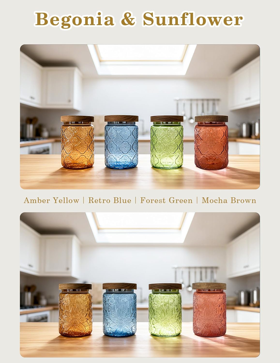 Glass Jars with Airtight Wood Lids – 24 OZ Kitchen and Pantry Canisters Sets, Decorative Vintage Storage Containers for Candy, Coffee, Cookie, Cereal, Flour, Sugar, Tea, Set of 4 Begonia