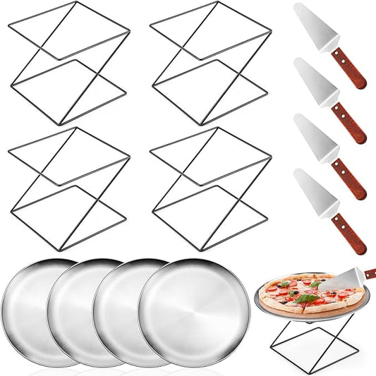 12 Pcs Pizza Stand Set: 4 Metal Stands, 4 Pizza Pans, 4 Spatulas for Weddings, Party(Silver,Square)