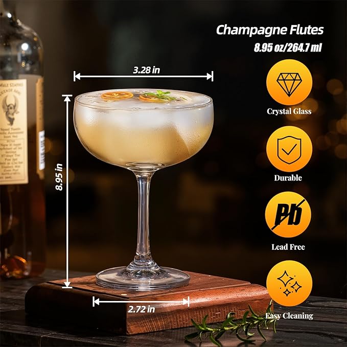 KAMMAK Coupe Glasses Set of 2, 6.7oz Crystal Cocktail Glasses, Classic Cocktail Glassware for Espresso Martini, Margarita, Manhattan, Modern Bar Drinkware for Party, Beach, Anniversary