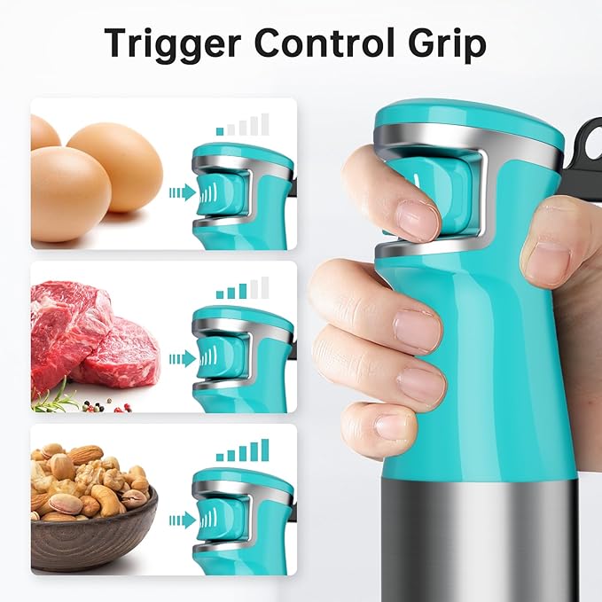 Immersion Blender Handheld Corded Hand Blenders Set 1100W, Trigger Variable Speed 5 in 1 Stick Emulsifier with Chopper, Whisk and Frother for Soup, Baby Food and Smoothies, Cyan Blue