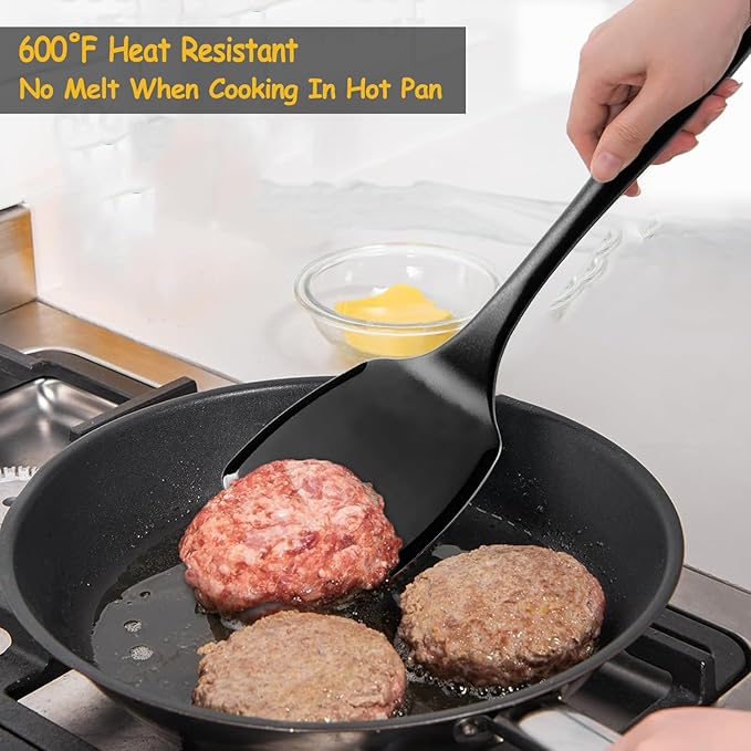 Large Size Silicone Spatula Set, 600°F Heat Resistant Silicone Spatula Turner Flipper for Cooking, Non Stick and Non Scratch Kitchen Utensils for Eggs & Pancakes, 2-Pack, Black