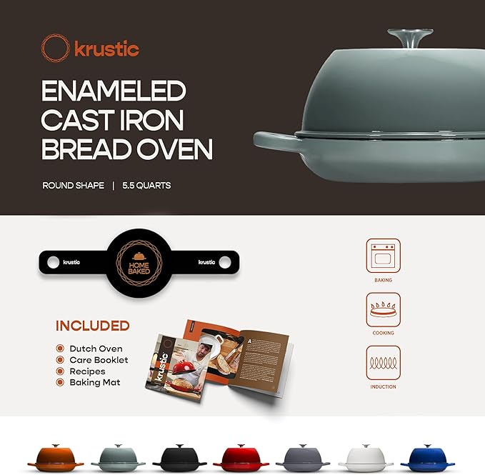 Enameled Cast Iron Dutch Oven for Sourdough Bread Baking | 6 Quart Oval Pot with Lid | 10 Inch Ceramic Enamel Thick Coated Cookware with Non Stick Silicone Baking Mat for Cooking | 6 Qt | Sea Salt