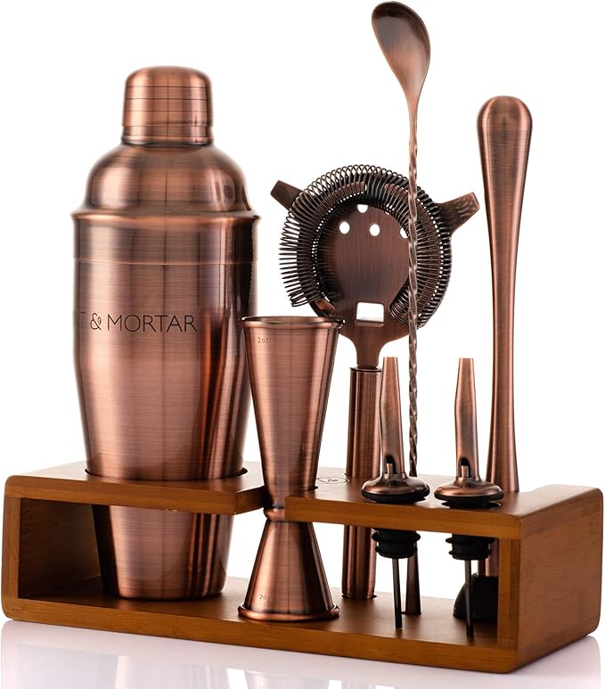 Mint & Mortar Cocktail Shaker Set, 7-Piece Bartender Kit with Stand, 24oz Martini Shaker Bottle Stainless Steel Bar Tools, Home Bar Accessories Drink Mixer, Barware Gift Set - Brushed Copper