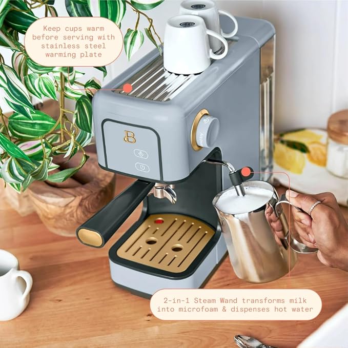 Beautiful Slim Espresso Maker by Drew Barrymore – 20‑Bar Pressure, Dual‑Spout 52 mm Portafilter, 50 oz Removable Tank, 2‑in‑1 Steam Wand & Touch Controls (Cornflower Blue)