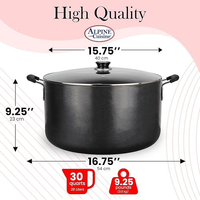 Alpine Cuisine 30 Quart Non-stick Stock Pot with Tempered Glass Lid and Carrying Handles, Multi-Purpose Cookware Aluminum Dutch Oven for Braising, Boiling, Stewing