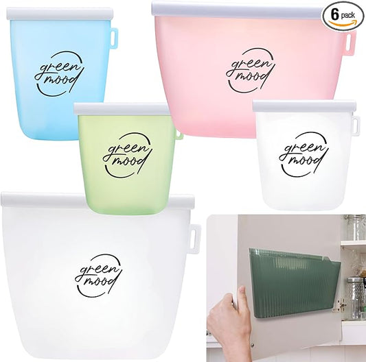 Green Mood Silicone Reusable Food Storage Bags with Organizer – 5 Pack (4 Sizes) – BPA-Free, Leakproof, Freezer & Microwave Safe – Eco-Friendly Bags with Plastic Storage Box for Kitchen & Travel