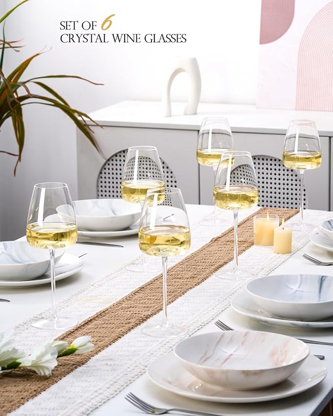 White Wine Glasses Set of 6, 15oz Crystal Wine Glasses for Red, White Wine, Long Stem Crystal Glasses with Unique Bottom Design, 440ml