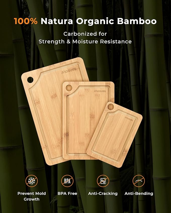 Carbonized Bamboo Cutting Board for Kitchen, Knife-Friendly Wooden Cutting Boards Set 3-Piece with Juice Groove, Durable Chopping Boards for Meat, Vegetables, Fruits, Cheese(Natural)