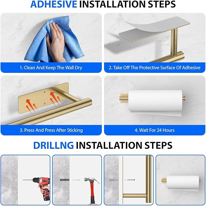 Paper Towel Holder Under Cabinet, Self-Adhesive,No Drilling, Stainless Steel, Wall-Mounted for Kitchen and Bathroom, Easy Install, Durable, Space-Saving, Ideal for Home, RV (Gold, 2 Pack)