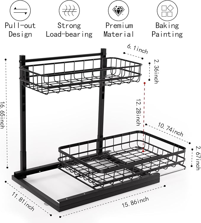 Under Sink Organizer, Adjustable Height Pull-Out Kitchen Storage Organization,15.8" x 11.8" x 16.5", 2-Tier Kitchen Shelf, Bathroom Drawer Organizer, 2 Pack|Black