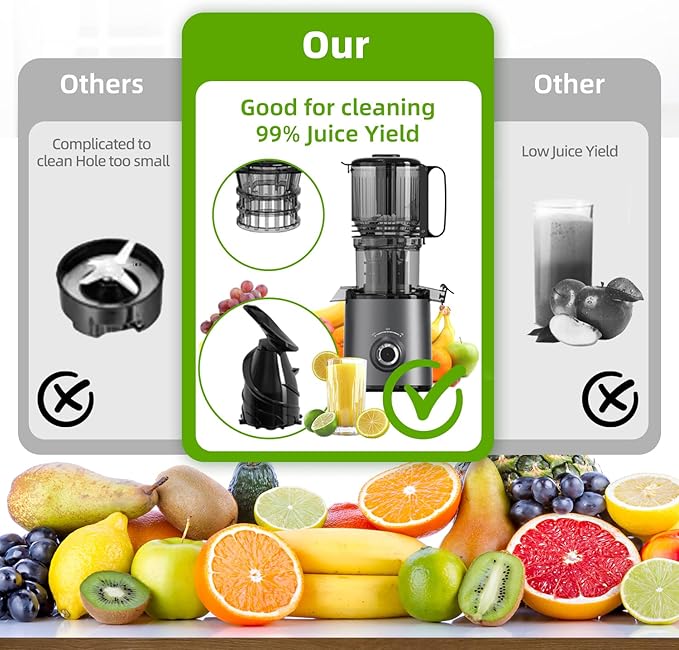 Budsom Cold Press Juicer Machine: 300W Slow Masticating Juicer for Whole Fruits & Vegetables, 5.3" Wide Feed Chute, High Juice Yield, Easy to Clean, Quiet 55 RPM, Juice Extractor for Home & Kitchen