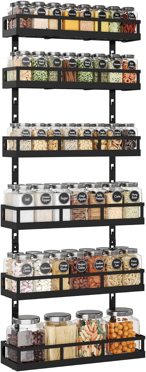 X-cosrack 6-Tier Wall-Mounted Spice Rack Organizer with Mixed Basket Sizes, Height-Adjustable Hanging Spice Shelf for Kitchen Pantry Cabinet, Large-Capacity Seasoning Holder, Black