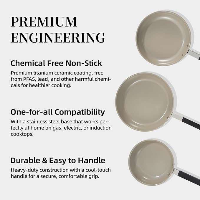 ROYDX Stainless Steel Fry Pan Set Titanium Ceramic Non Stick Frying Pan with Lid 8", 10" and 12" Oil Gather Pro Non Stick Skillets with Stay-Cool Handle PFOA Free, Compatible with All Cooktops