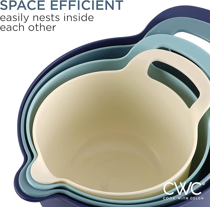 COOK WITH COLOR Nesting Plastic Mixing Bowl Set with Pour Spouts and Handles, Ombre Blue, 4 Piece Non-Slip