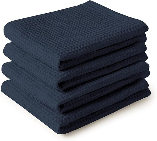 Encasa XO Kitchen Dish Towels Set | Navy Blue | Waffle Weave and Flat Hand Tea Towel | 28"x18" | Quick Drying Reusable Cotton Washcloths | Multipurpose Lightweight Dishcloths Set of 4
