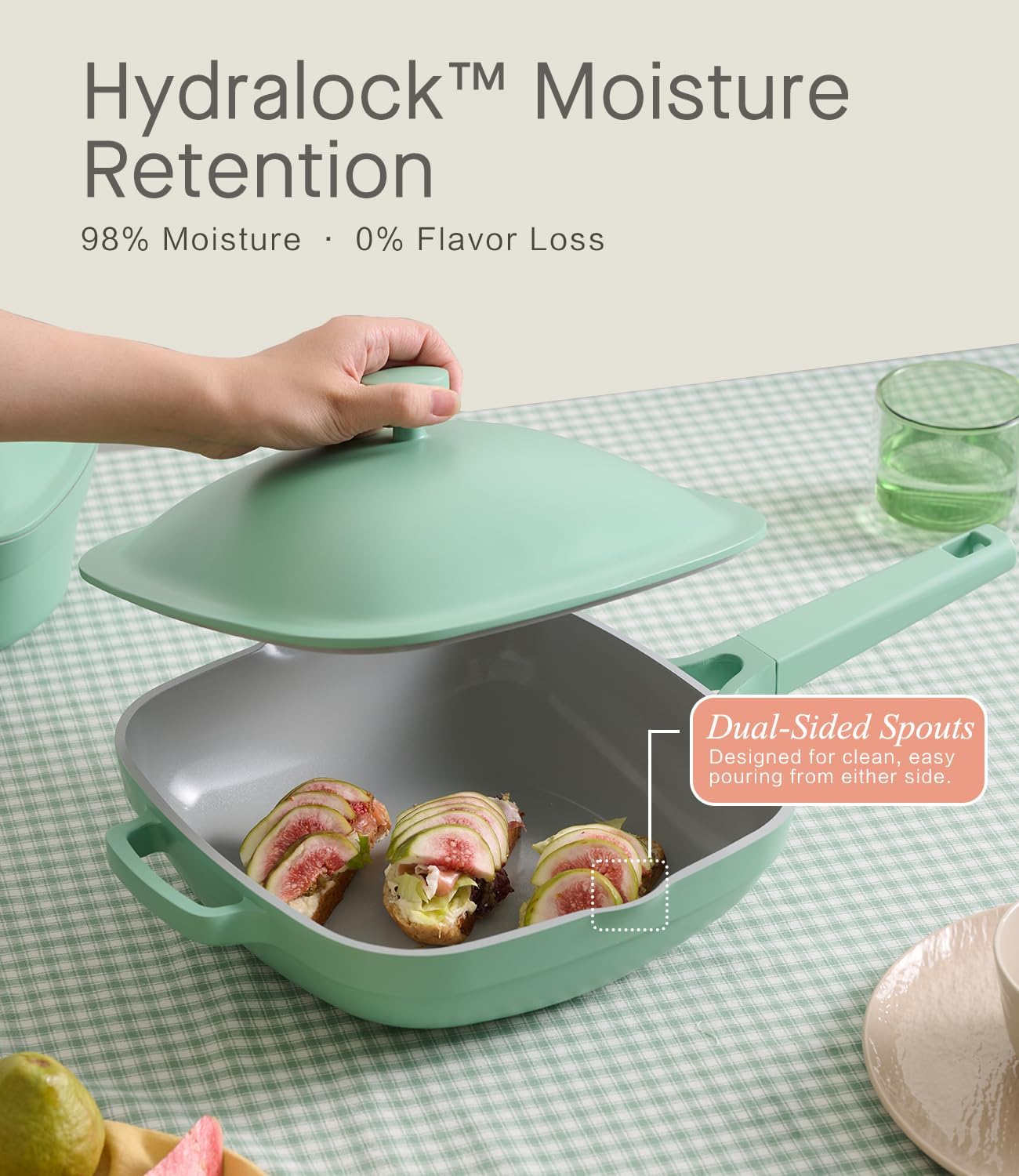 10.5 Inch(3.8QT) Ceramic Pan with Lid,Non Stick Frying Pans Cast Aluminum Deep Sauté Pans,Ti-Ceramic Non Toxic Pix Pan with Wooden Spatula and Scrubber-Mint Haze