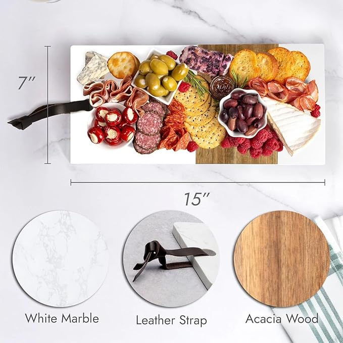 HomeWetBar Personalized Acacia Charcuterie Board | Custom 15" x 7" White Marble & Acacia Wood Cheese Board | Perfect Housewarming + Wedding + Couples Gift Idea