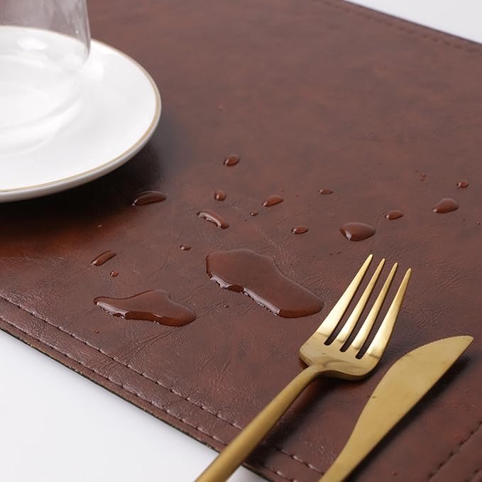 Jovono Waterproof PU Placemats, Faux Leather Dining Table Mat, Set of 8, Easy to Wipe Off Scrub Vinyl Mat, Heat & Stain Resistant for Office Conference Table, Home Décor Brown