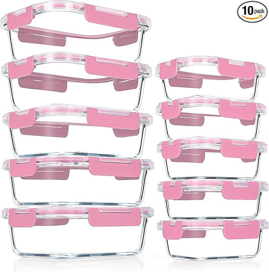 VERONES 10Pack Glass Meal Prep Containers, Airtight Glass Lunch Containers,Stackable Glass Food Storage Containers Set with Lids,Exclusive of BPA, for Microwave,Oven, Freezer&Dishwasher Friendly,Pink