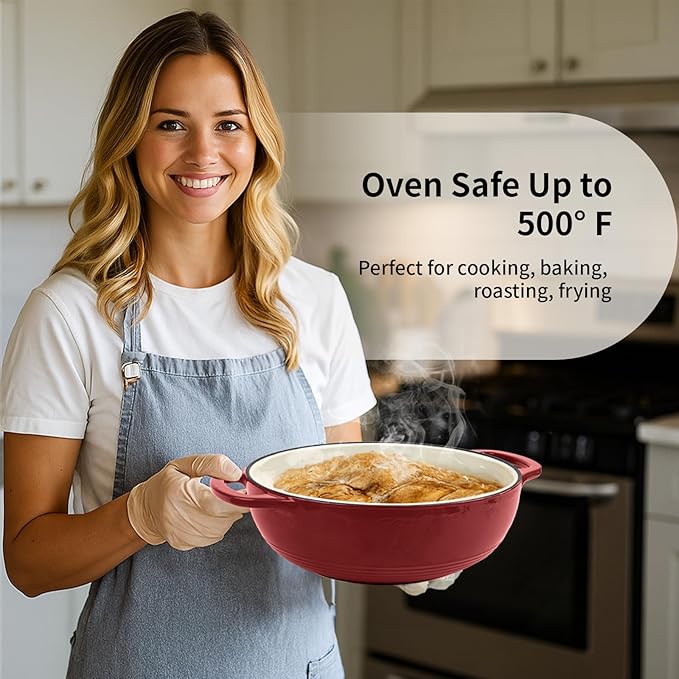 Enameled Cast Iron Dutch Oven Pot with Lid, 3 Quart Shallow Dutch Oven, Oven Safe up to 500° F, Suitable for Bread Baking, Braising, Roasting, Stews, Red