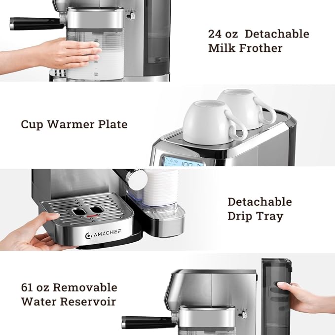 AMZCHEF Espresso Machine with LCD Display, 20 Bar Cappuccino Machines with Automatic Milk Frother for Home Gifts, Latte Coffee Maker with Dual Wall & Filters, Stainless Steel Style sliver