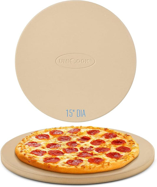 Unicook Pizza Stone for Grill Oven, 15 Inch Round Baking Stone, Heavy Duty Cordierite Bread Cooking Pan, Thermal Shock Resistant, Ideal for Making Crisp Crust Pizza, Bread and More, Includes Scraper